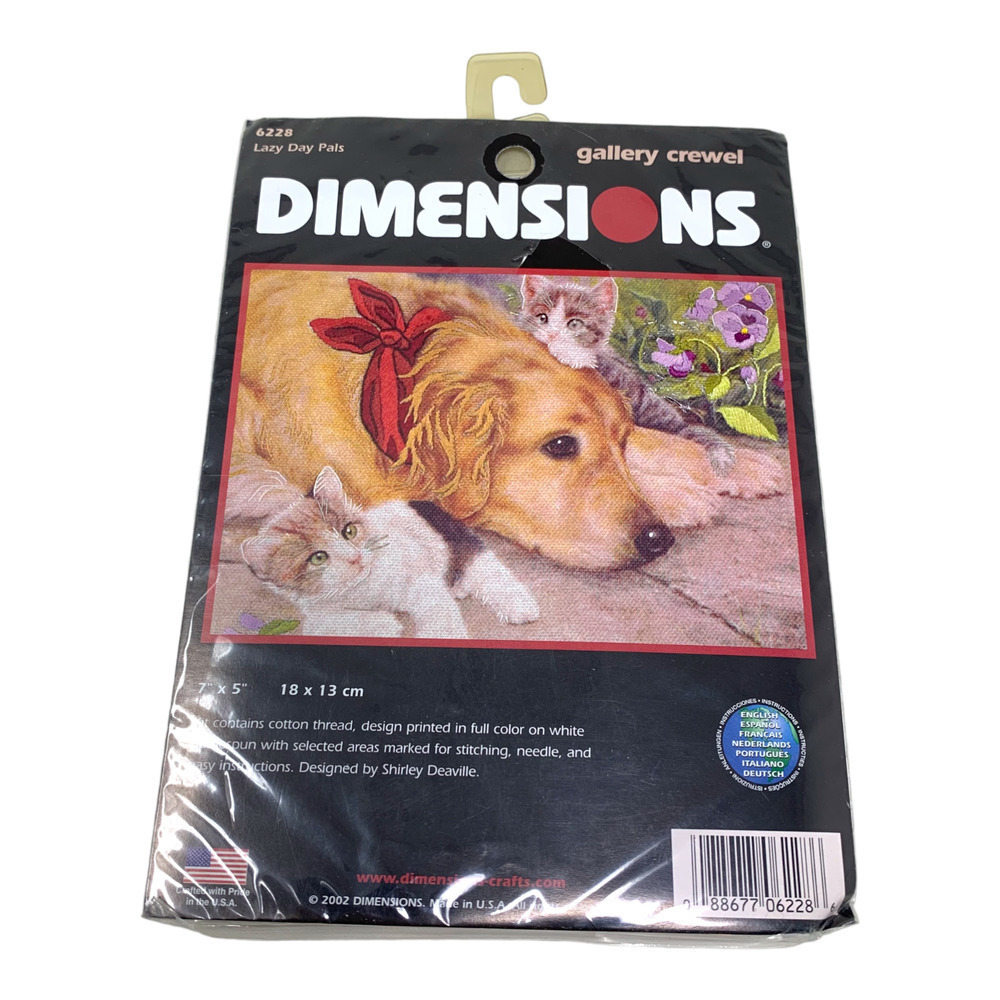 New Dimensions Lazy Day Pals Gallery Crewel Kit 7" x 5" Dog & Kittens Packaged